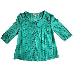 Annabella Teal Bow Pattern Peter Pan Collar 3/4 Sleeve Blouse Sz M